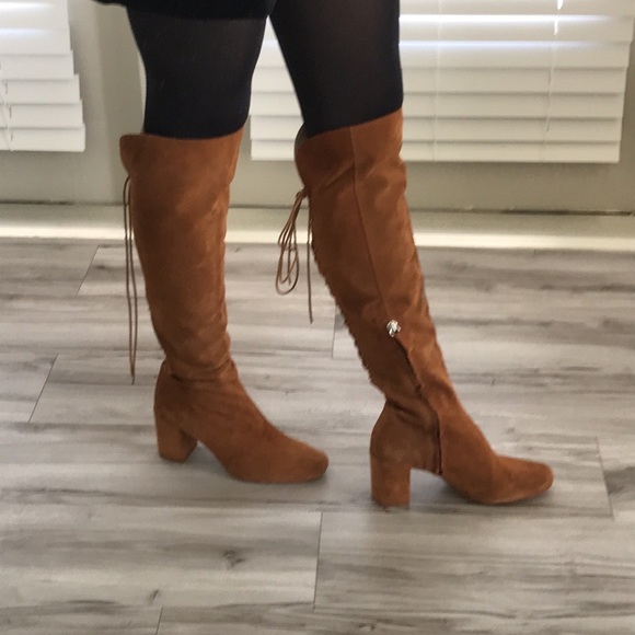🤎 Zara Heeled Suede Lace Up Over Knee Boots Brown/Camel Hippie Boho Size 38 - Picture 5 of 17